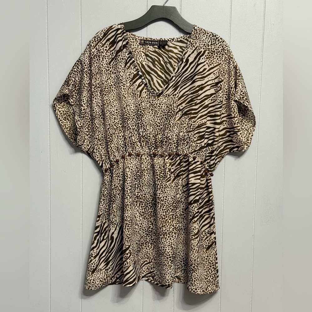 Raya Sun Animal Print Tunic in Brown and Tan with Beads trim